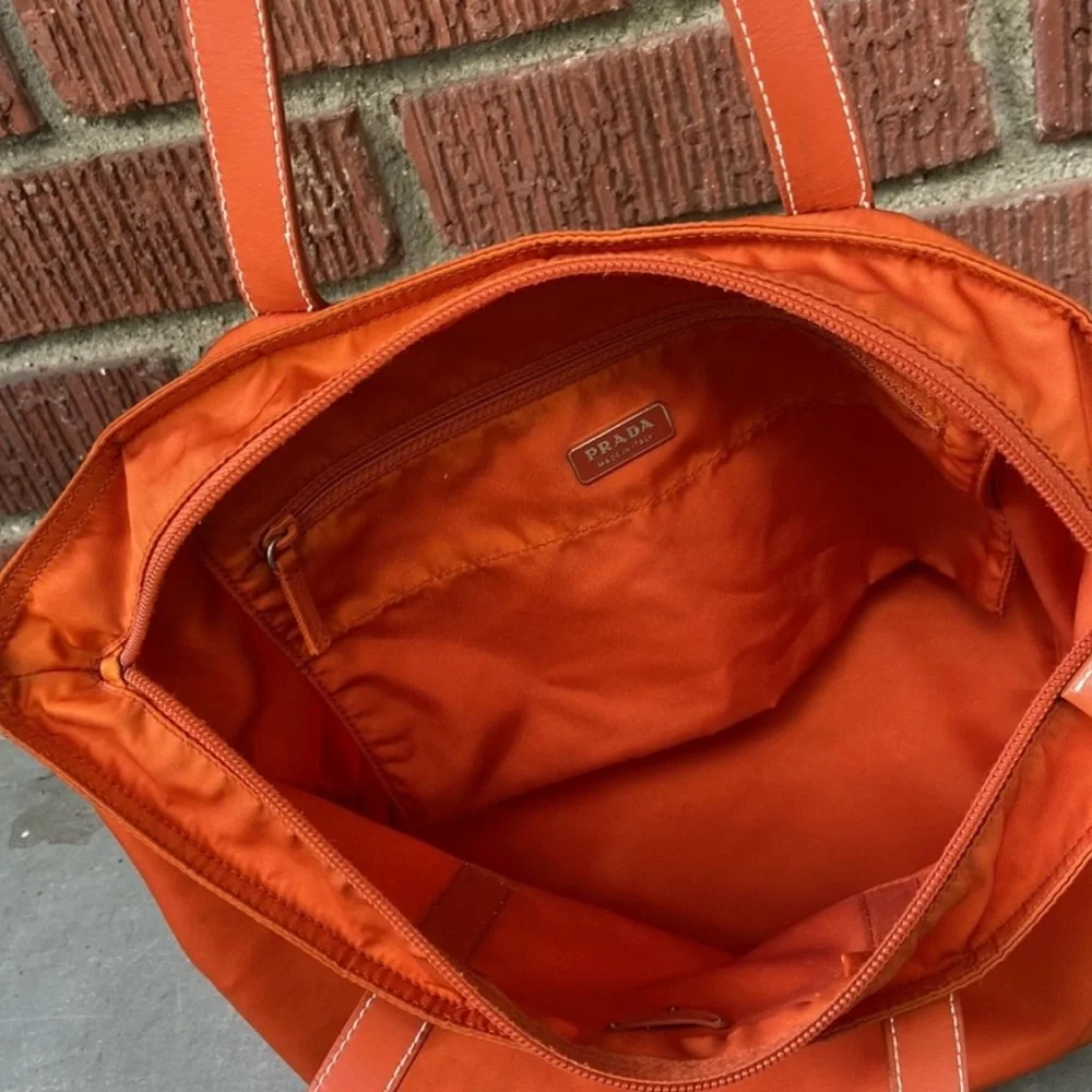 AUTHENTIC Prada Tessuto Nylon Saffiano Tote. Color: Papaya. - Picture 4 of 15